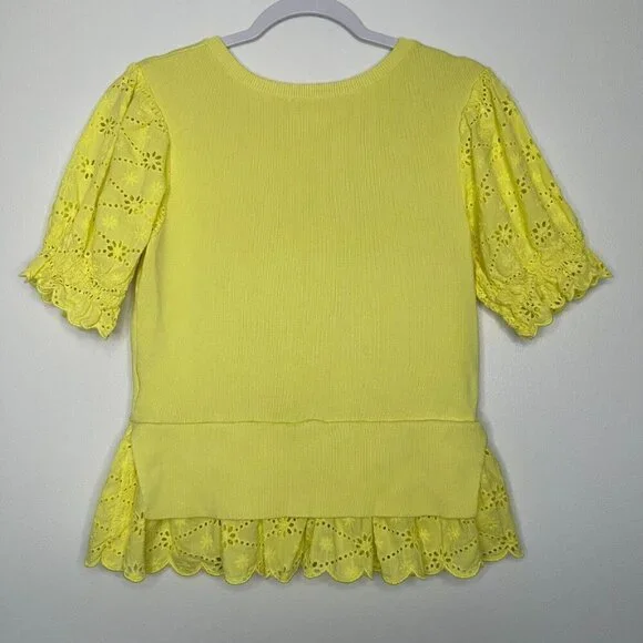 Anthropologie Eyelet Puff-Sleeve Sweater‎ Tee Peplum Size S Yellow Boho - Picture 2 of 10